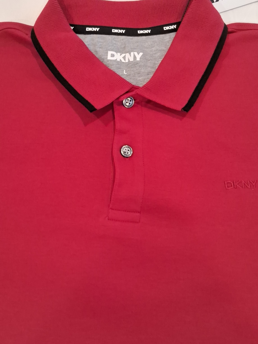 DKNY Pink-Red Polo with Black Collar Trim Mens Short Sleeve Casual Shirt